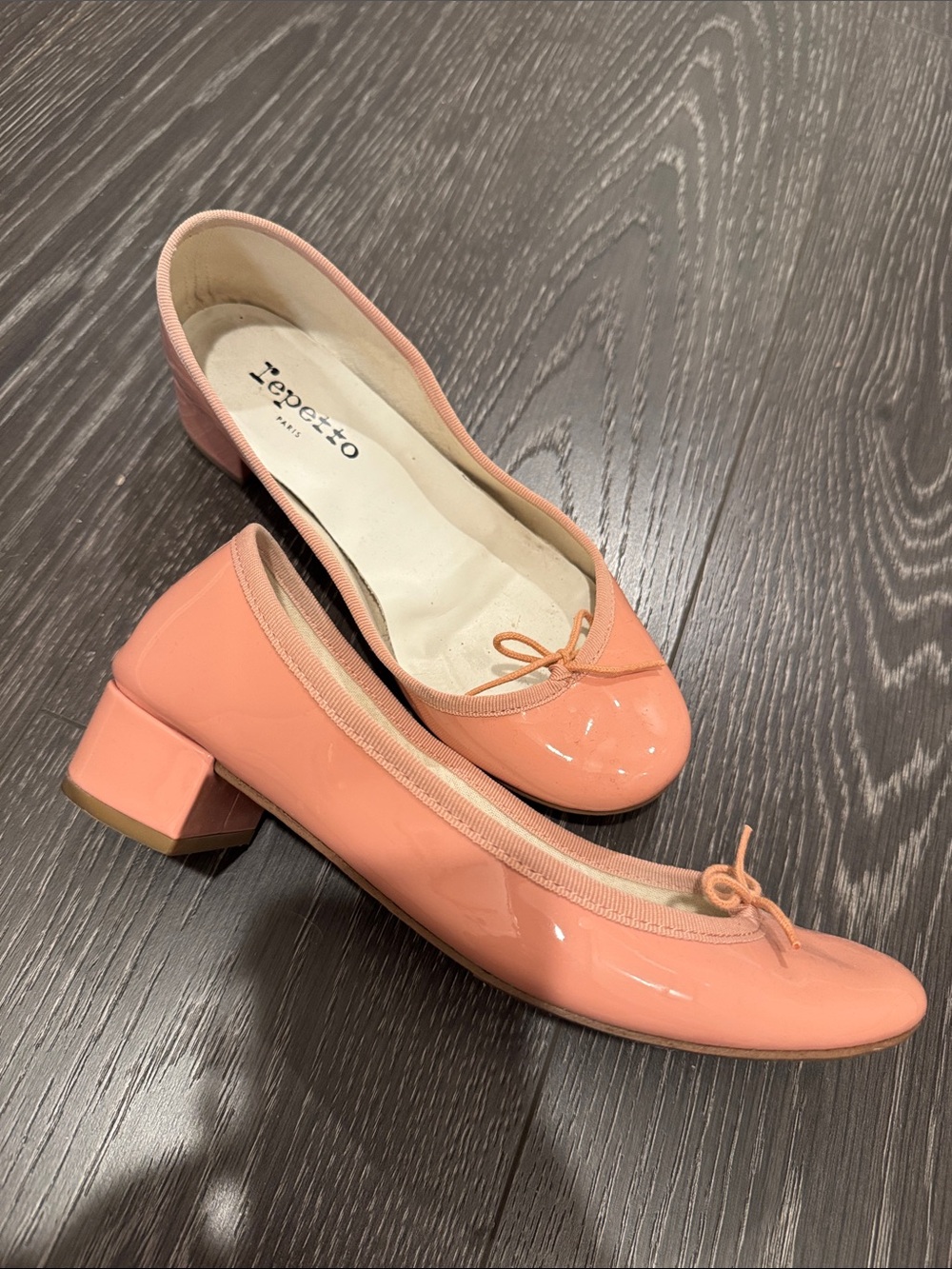 Repetto Coral Pink Patent Low Block Heel Pumps
